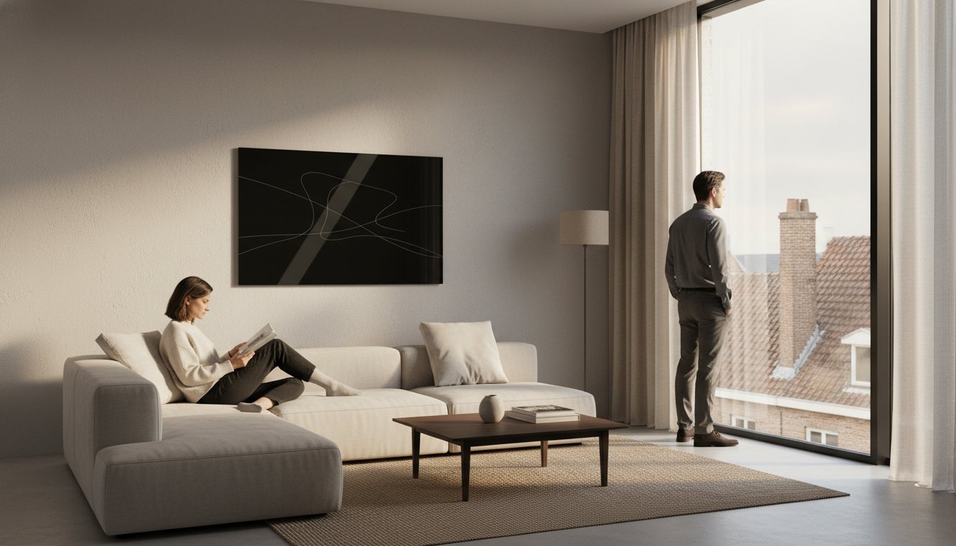 Zwart infraroodpaneel aan de wand van een lichte woonkamer