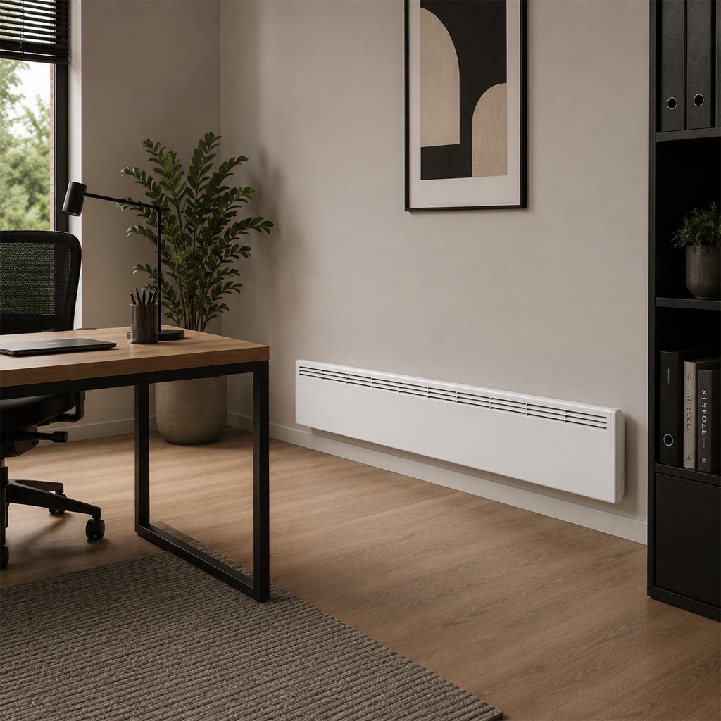 Lage wandradiator in een interieur met bureau en parket