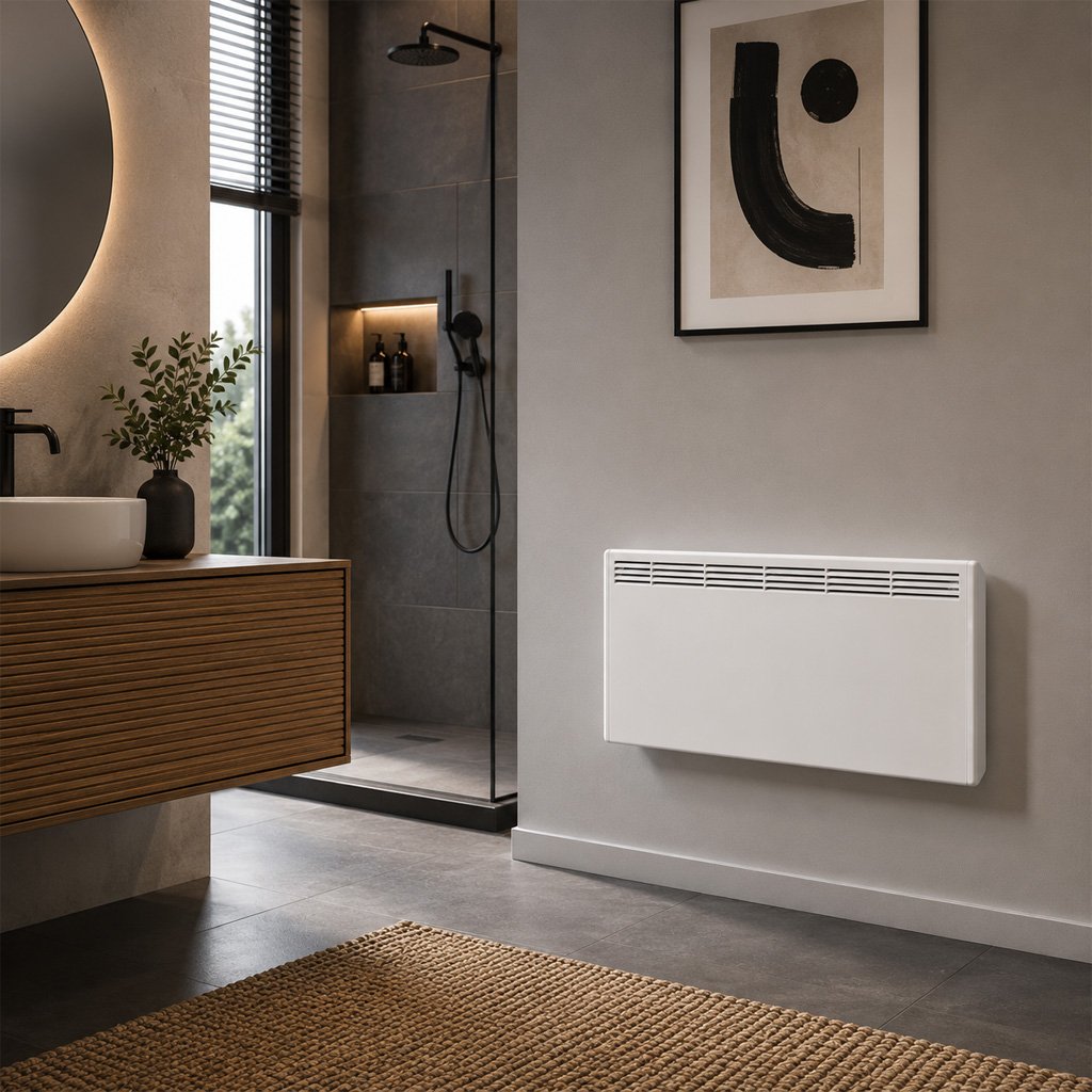 Witte elektrische radiator in een badkamer met natuurlijke tinten