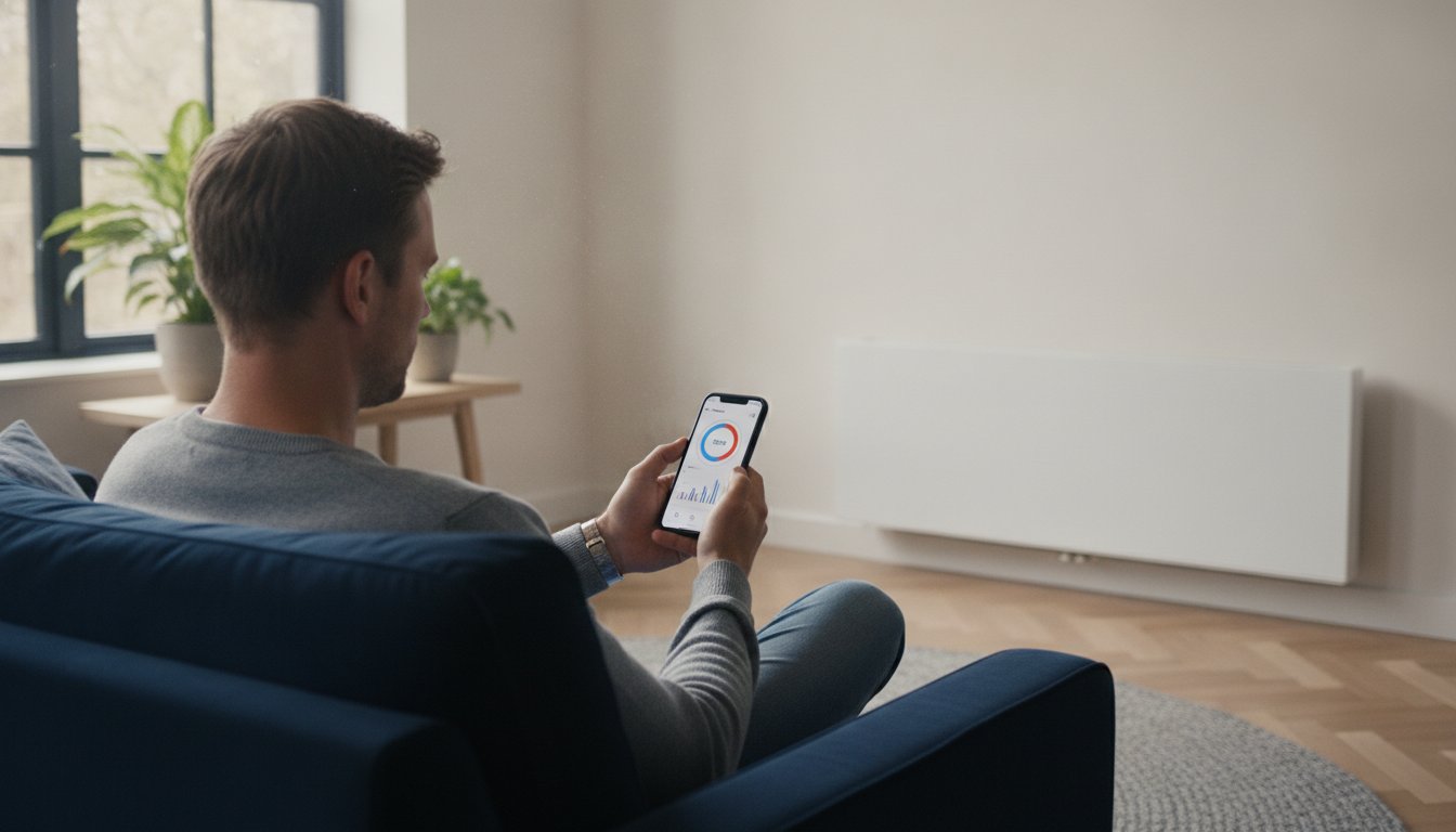 Personne utilisant un téléphone près d’un convecteur mural blanc