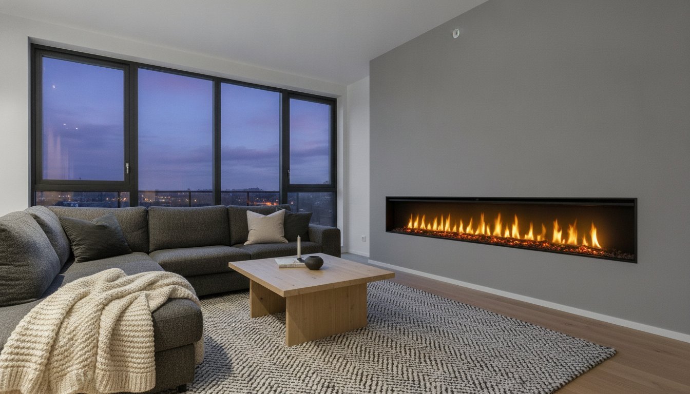 Ingebouwde elektrische sfeerhaard in een moderne woonkamer